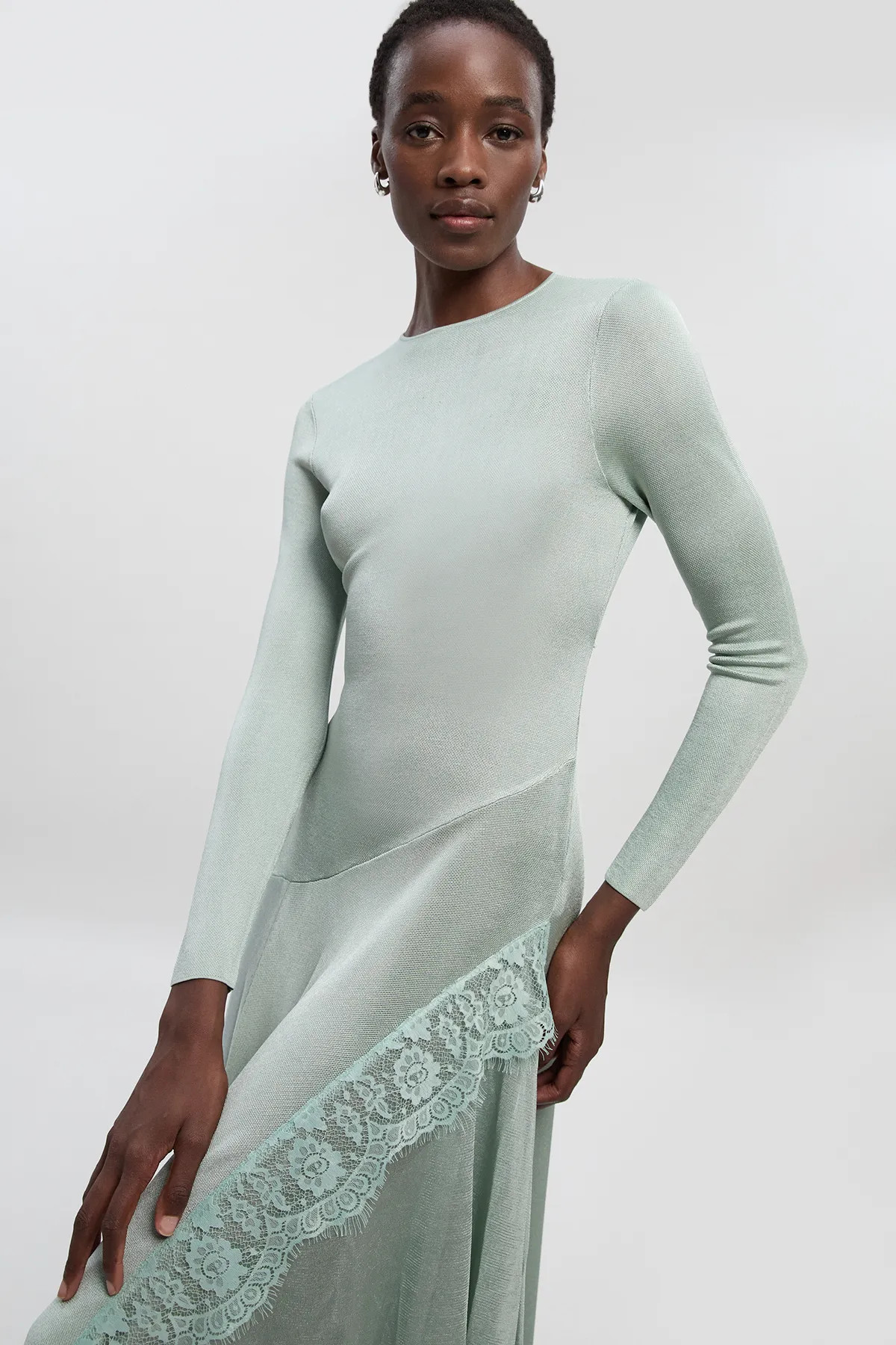 Dresses | Viscose Blend Slinky Sheer Lace Detail Asymmetric Knit Maxi Dress | KarenMillen | Karen Millen US