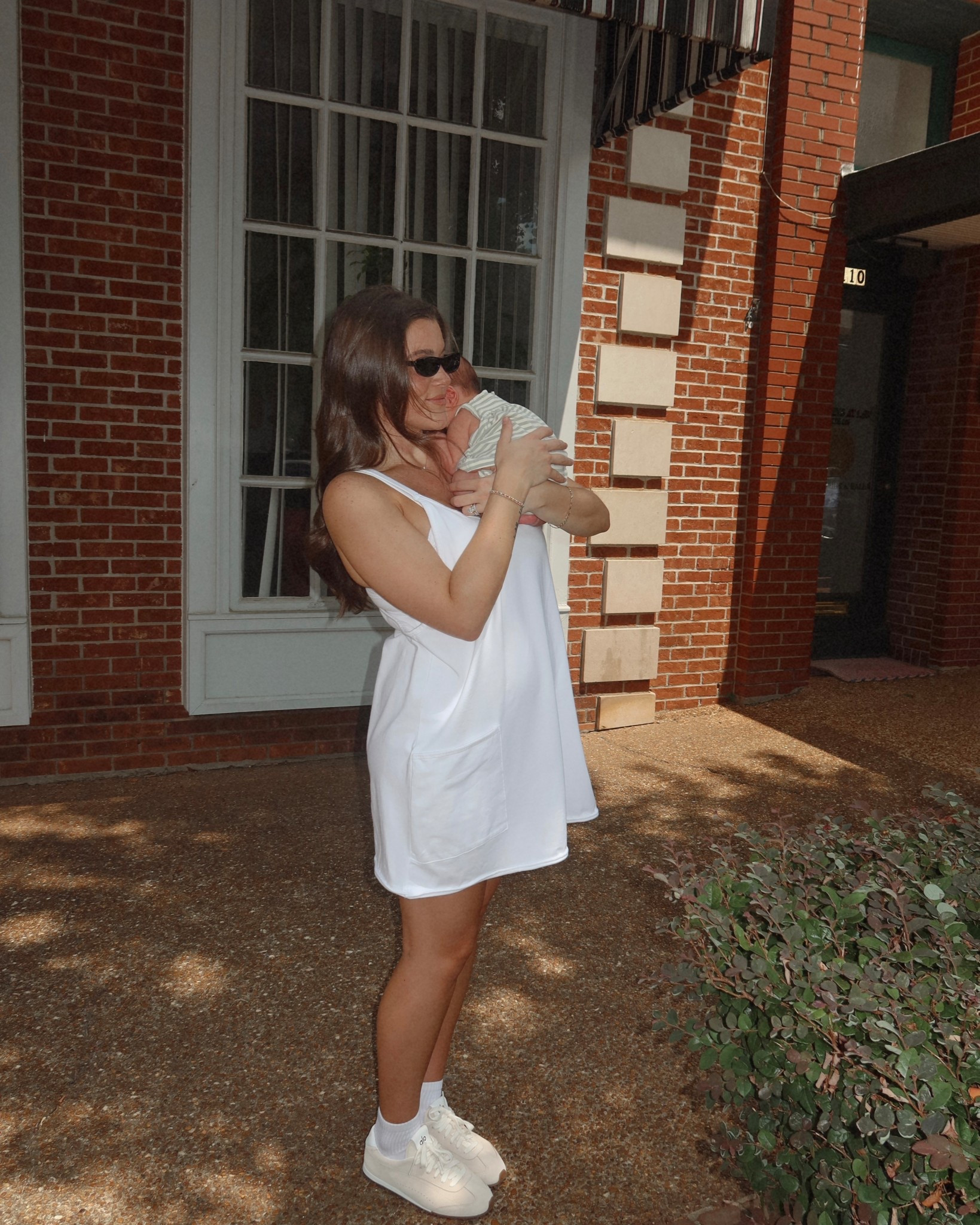 Summer walk outfit- fp dress wearing a large, obsessed with these new sneakers from alo (tts)