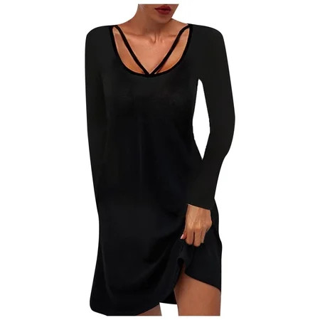 Long Sleeve Dress for Women Fashion Solid Color U Ncek Cutout Dress Casual Loose fit Comfy Soft Blac | Walmart (US)