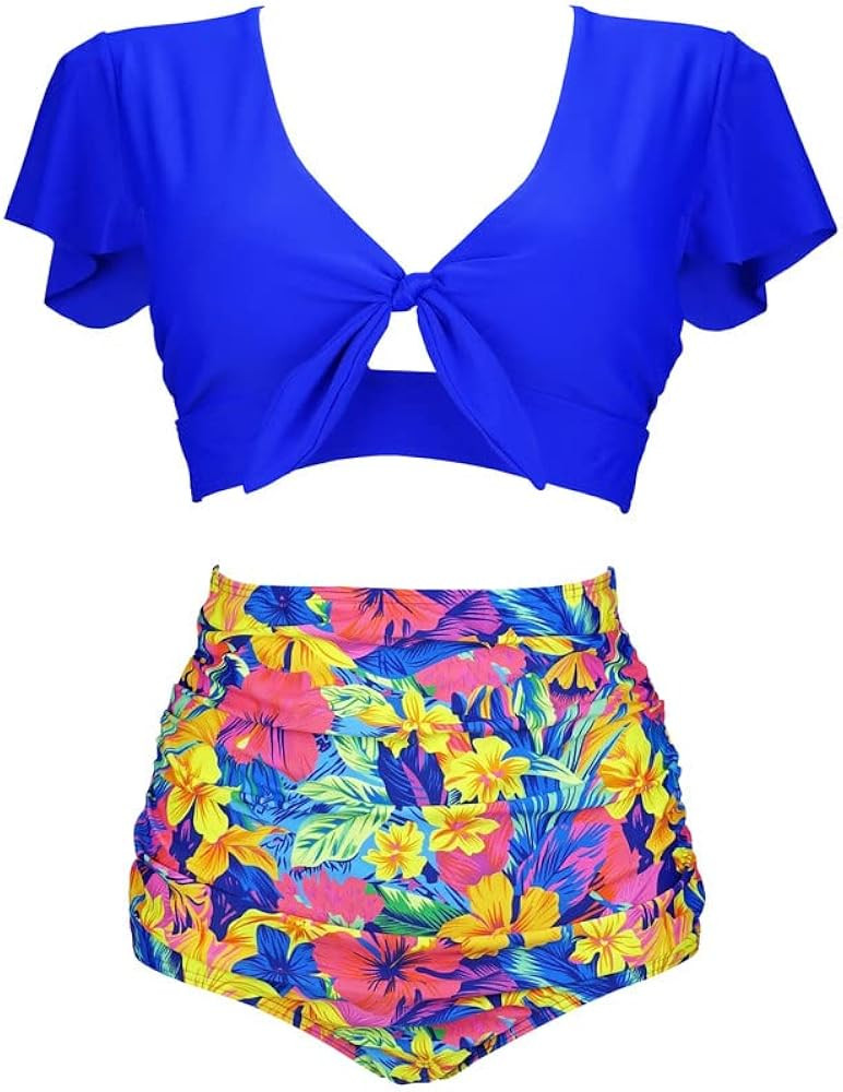 COCOSHIP Women's Retro Ruched Ruffle High Waist Two Piece Bikini Set Tie Knot Front Top Sport Bat... | Amazon (US)