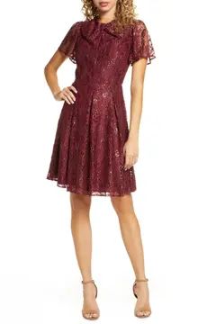 Metallic Lace Short Sleeve Fit & Flare Dress | Nordstrom
