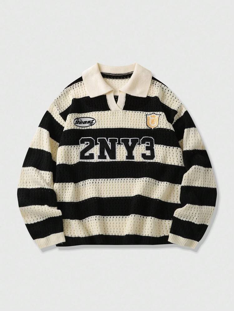 ROMWE MEN Prep Men's Pink Striped Embroidered Sweater, Suitable For Valentine's Day | SHEIN