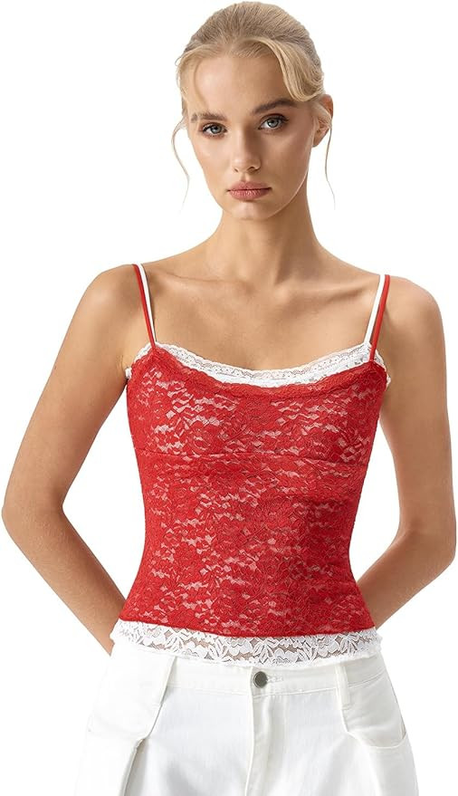 QINSEN Women's Double Layer Lace Camisole Tank Scoop Neck Summer Y2k Going Out Trendy Cami Shirt | Amazon (US)