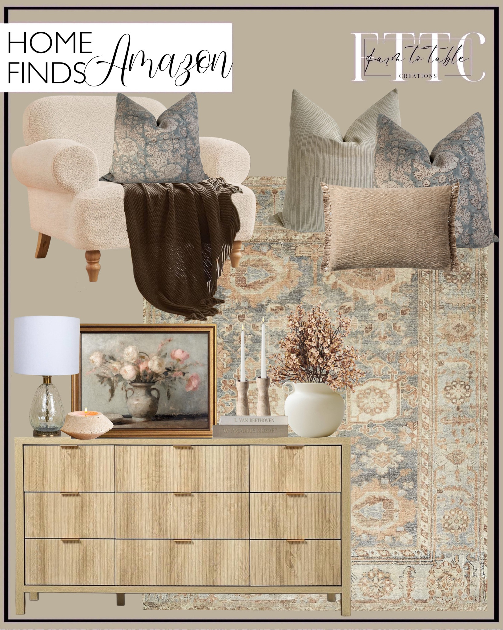 Amazon Home Finds. Follow @farmtotablecreations on Instagram for more inspiration.

Loloi Margot Collection Area Rug in Ocean/Spice. Canyon Theory Studio Hand Block Print Pure Linen. Hand Block Linen Pillow Cover. Floral Vintage Wall Art. Round-Shape with Ear Wide Mouth Vase, Honey Pot. Mid Century Modern Dresser TV Stand. Oversized Modern Accent Chair w/Chenille Fabric. Travertine Tealight Candle Holder. Loloi Magnolia Home by Joanna Gaines Jett Collection. Decorative Books. Babys Breath Gypsophila. Marble Set of 2 Pillar Taper Candlestick Holder. lifein Fall Throw Blanket for Couch-Soft Boho Bed Throw Blankets. Textured Glass Base Table Lamp 


Living Room | Dining Room | Dining Room Artwork | Bathroom Finds | Bedroom Finds | Bedroom Furniture | nightstands | Home Decor| Fireplace Decor | Spring Refresh |  Bedroom Finds | Neutral Stems | Spring Stems | Bookshelf Decor | Bedroom Space | Cozy Corner | Bathroom | Curated Entryway | Spring  Decor | End of Year Clearance | Trending Decor | Viral Decor  | Coffee Table Decor | Neutral Decor | Fall Stem Sale | Target Finds | Skinny Bench | Bedroom | Living Room | Breakfast Nook | Amazon Home | Target Sale | Loloi Rugs | Magnolia Home | console table | console table styling | faux stems | entryway space | front porch decor | neutral decor | entryway decor | cozy home | affordable decor |  home decor | home inspiration | console styling | entryway rug | cozy moody home | moody home decor | neutral home | bathroom decor | living room | spring decor | Hearth & Hand | Studio McGee | 2025 Home Trends | trending home | Crate&Barrel 




#LTKHome #LTKSaleAlert #LTKFindsUnder50