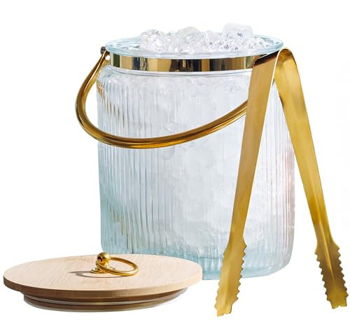 Glass Ice Bucket with Airtight Lid, Ice Tong Scooper and Handle - 3L Ribbed Beverage Tub Cocktail Home Bar Accessories, Wine, Beer - Chiller for Parties, Champagne Drink Tub Cooler with Hinged Handles | Amazon (US)