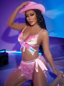 Sequin Dragonfly Pattern Lace Up Backless Halter Top & Fringe Hem Skirt SKU: sw2203296328332668(1... | SHEIN