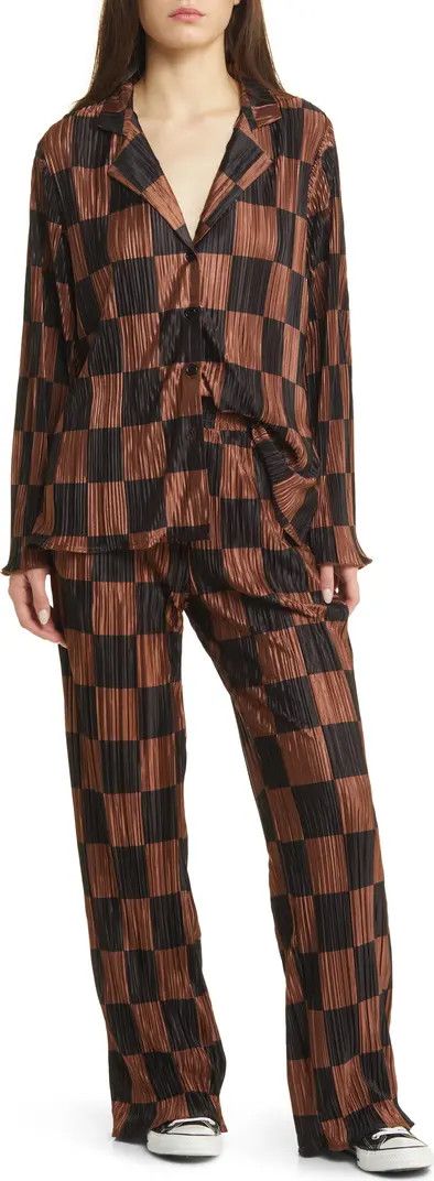 Dressed in Lala Check Long Sleeve Plissé Top & High Waist Pants | Nordstrom | Nordstrom