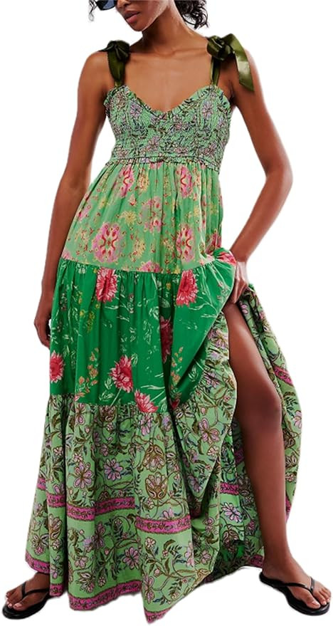 Women Summer Boho Dress Flowy Sundress Floral Printing Sleeveless Tie Shoulder Maxi Dress Y2k Bea... | Amazon (US)