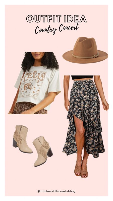 Western outfit, country concert outfit, rodeo outfit, floral skirt, graphic tee, fringe boots

#LTKunder100 #LTKSeasonal #LTKstyletip