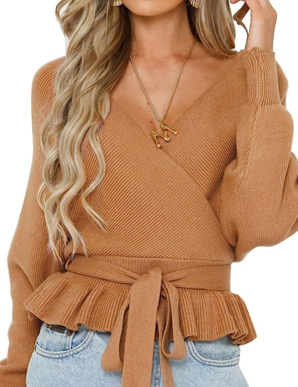 Women's Wrap V Neck Long Batwing Sleeve Belted Waist Ruffle Knitted Sweater Pullover Top | Amazon (US)