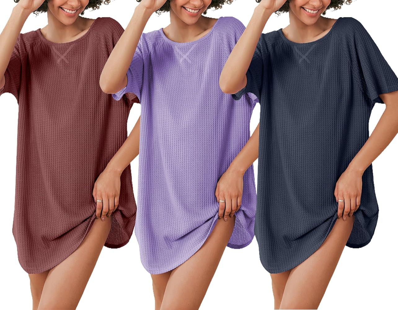 Ekouaer 3 Pack Women's T-shirt Nightgown Waffle Knit Short Sleeve Sleepshirts Casual Cover Ups S-... | Amazon (US)