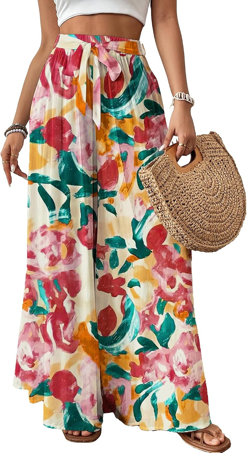 Bsubseach Women Wide Leg Pants Floral Flowy Palazzo Pants | Amazon (US)