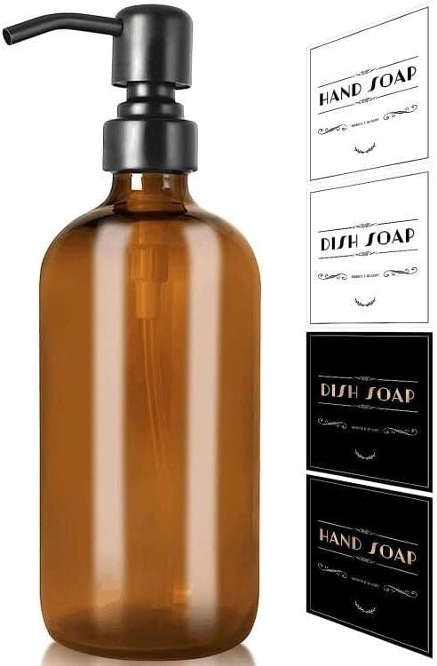 Amber Glass Soap Dispenser, Brown Vintage Thick Glass Bottle with Rustproof Matte Black Stainless... | Amazon (US)