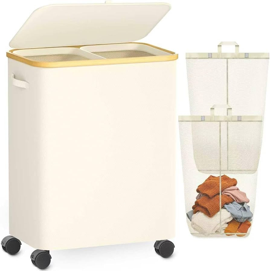 Double Laundry Basket with Wheels and Lid, 150L Clothes Hampers for Laundry | Amazon (US)