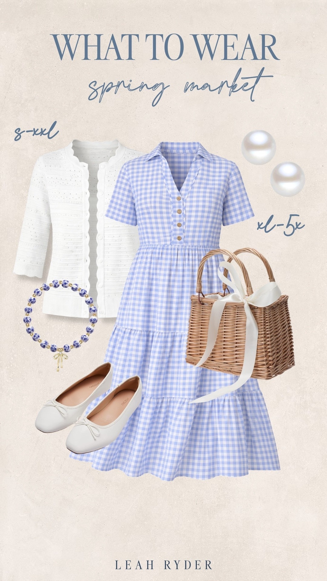 This spring market outfit features a soft blue gingham dress styled with classic ballet flats for an easy, feminine daytime look. A lightweight cardigan layered over the dress makes it perfect for cool mornings at farmers markets or outdoor shopping days. Woven accessories and simple pearl jewelry add a timeless touch that feels polished but relaxed. This spring market outfit is perfect for strolling local markets, brunch dates, or sunny weekend outings.

#LTKPlusSize #LTKSeasonal