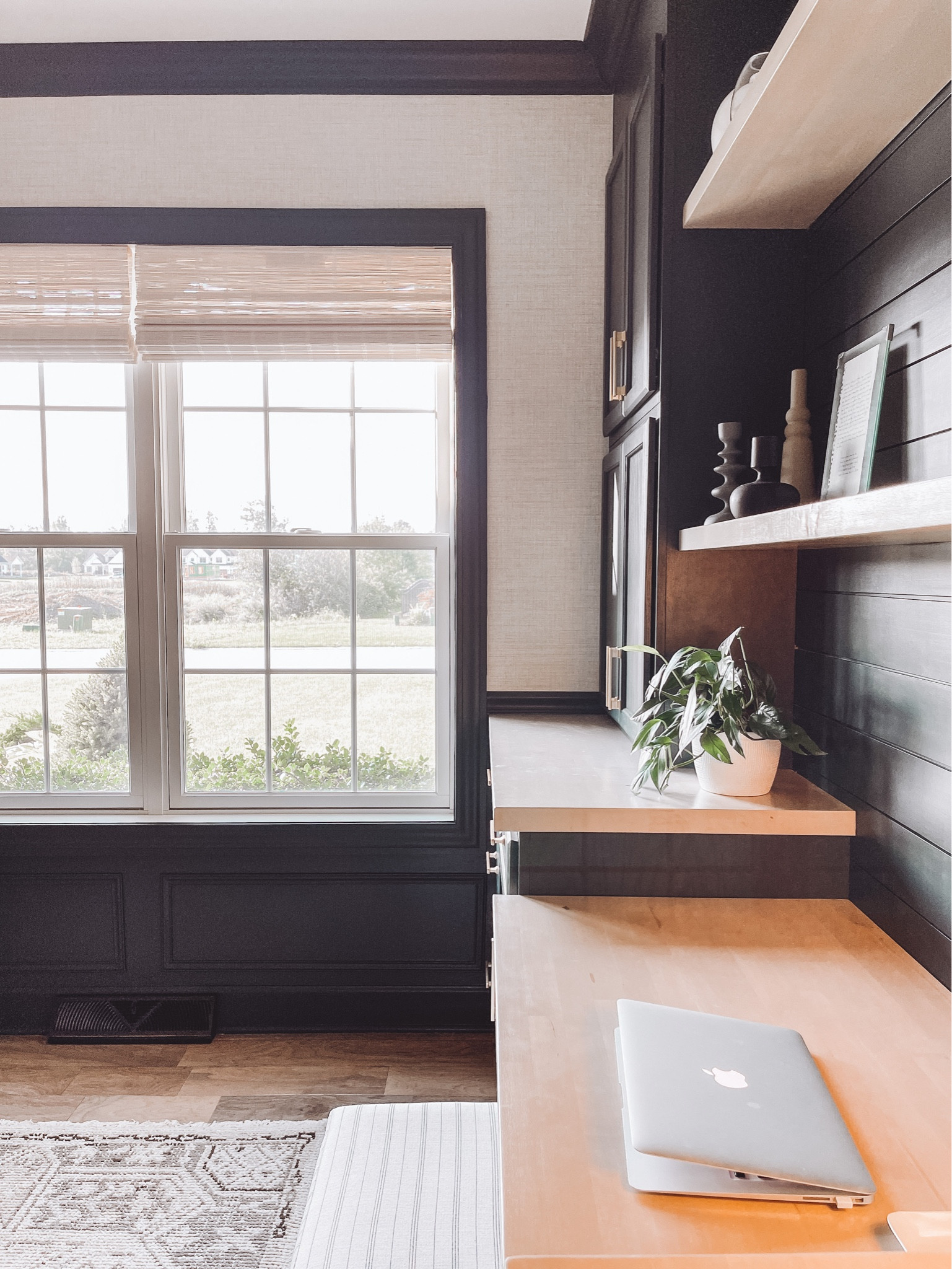 Dark office decor 

Butcher block countertop, floating shelves, bamboo shades, home office storage, wallpaper, Target rug 

#LTKstyletip #LTKhome #LTKFind