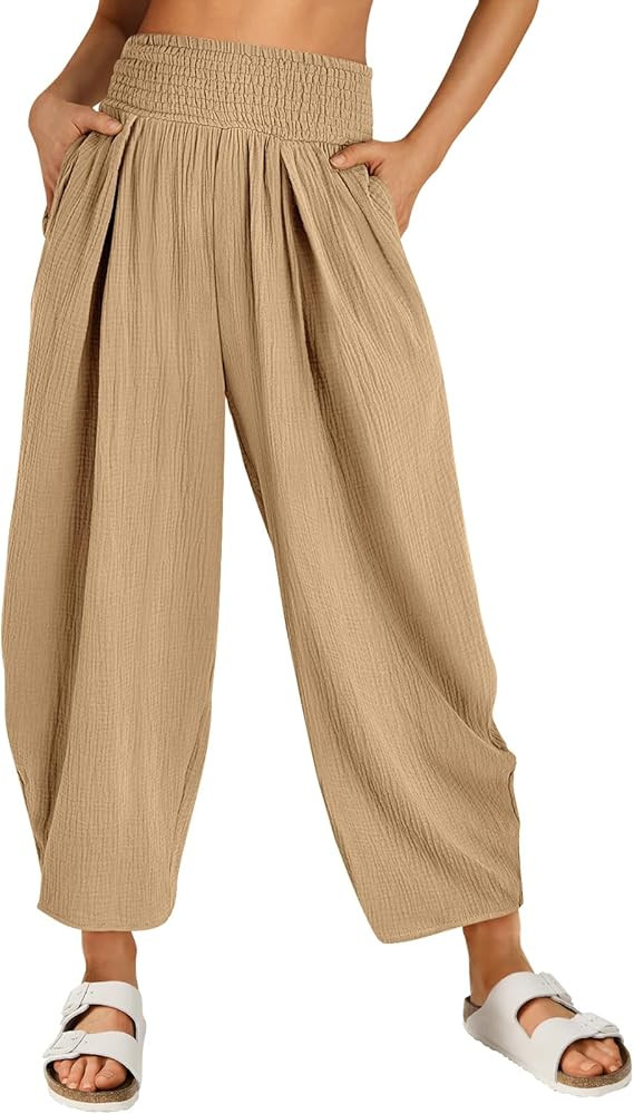 LILLUSORY Smocked Pants for Women Breathable Soft Harem Casual Pants with Pockets | Amazon (US)