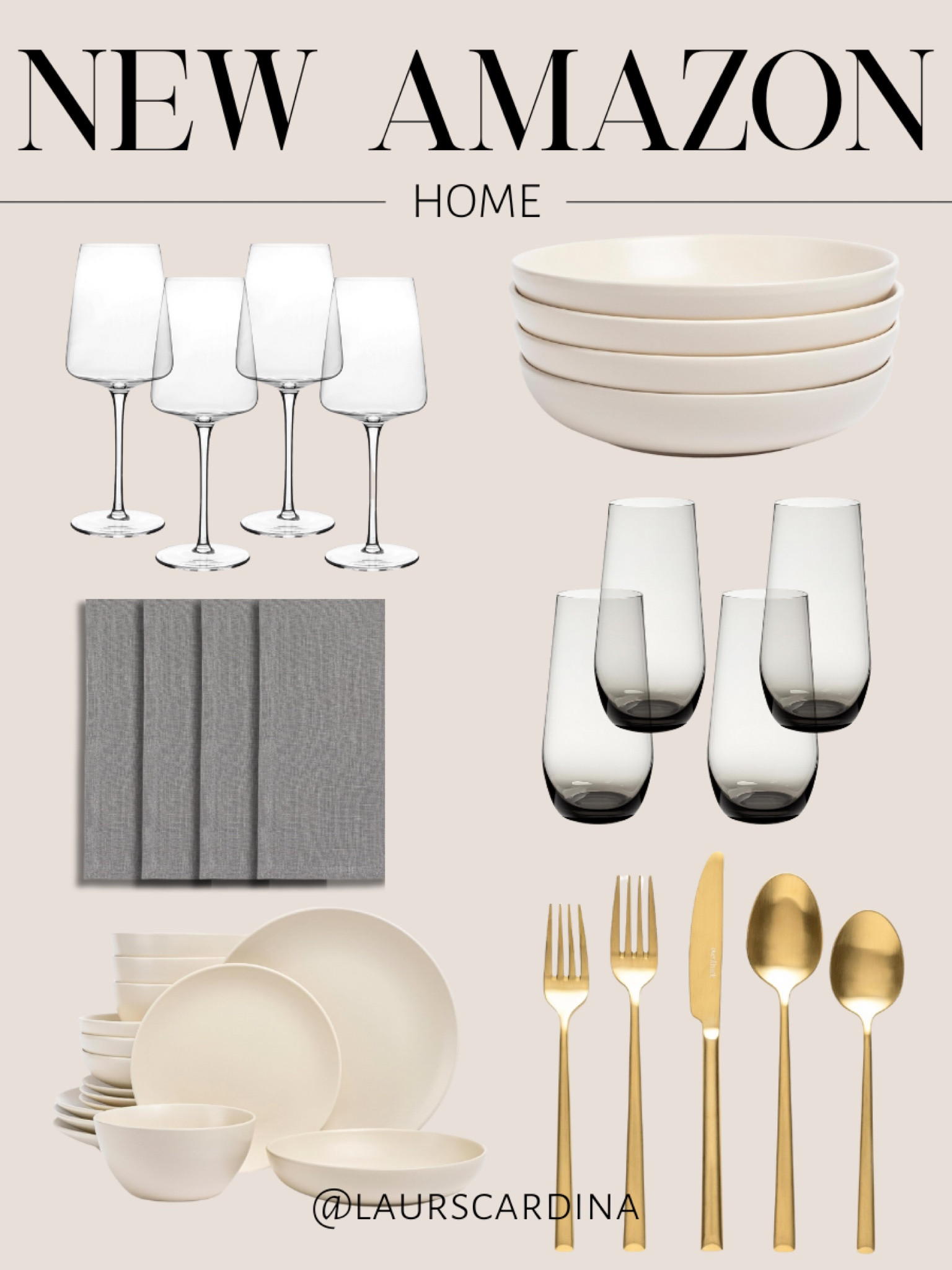 New Amazon home finds include a set of wine glasses, white bowls, gray napkins, tall stemless glasses, a set of dishes, and gold silverware.

Amazon home, table setting, kitchen finds

#LTKHome #LTKFindsUnder50 #LTKStyleTip
