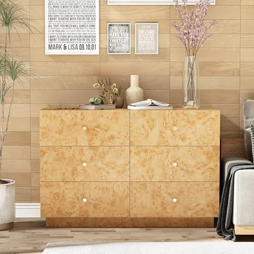Modern 6 Drawer Dresser with Burl Finish, Wide Wood Chest of Drawers Clothes Organizer, Stylish L... | Amazon (US)