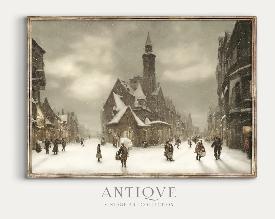 Vintage Painting of a Snowy Village Street With People Winter Snow Printable Christmas Home Decor... | Etsy (US)