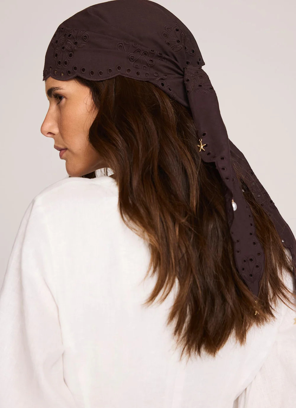 Brown Cotton Broderie Charm Scarf | Mint Velvet