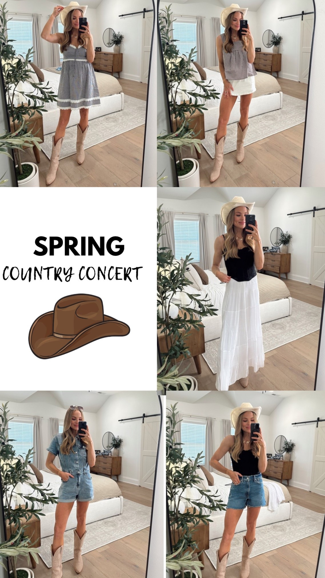 Amazon rodeo spring country concert outfits white skirt black lace denim shorts nude cowboy boots cow girl hat Nashville Denim romper 