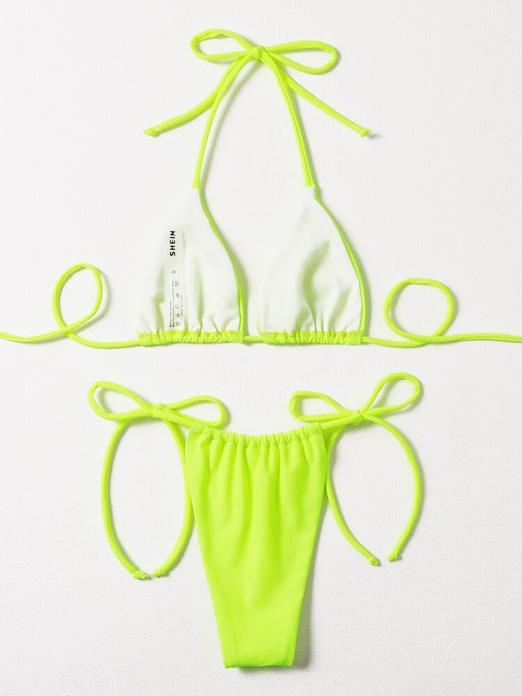 Neon Lime Halter Triangle Thong Bikini Swimsuit | SHEIN