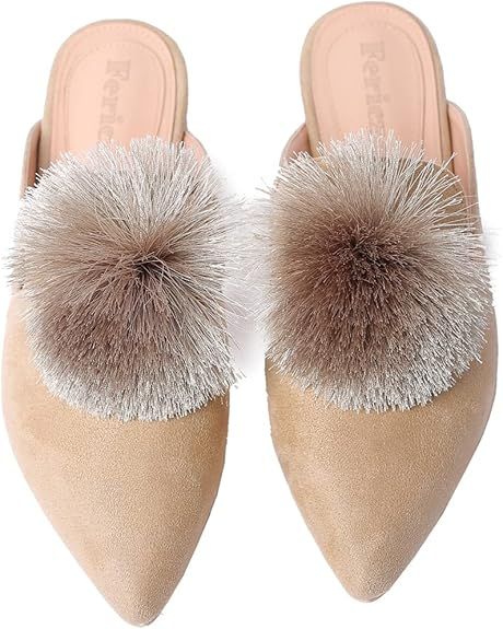 Fericzot Slip On Mule Backless Loafers Flats Puff Pompom Pointed Toe Casual Shoes Slippers | Amazon (US)