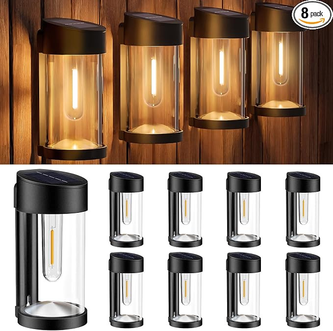 Woolmug 8 Pack Solar Fence Lights Outdoor, Metal Glass Solar Wall Lights Deck Lights Solar Powere... | Amazon (US)