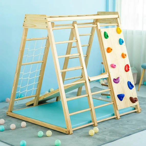 Indoor toddler & child gym playground climber real wooden playset 6-in-1 Slide, Rock Climb Wall, ... | Etsy (US)