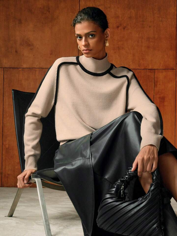 MOTF PREMIUM WOOL HIGH NECK CONTRAST PIPING SWEATER | SHEIN | SHEIN