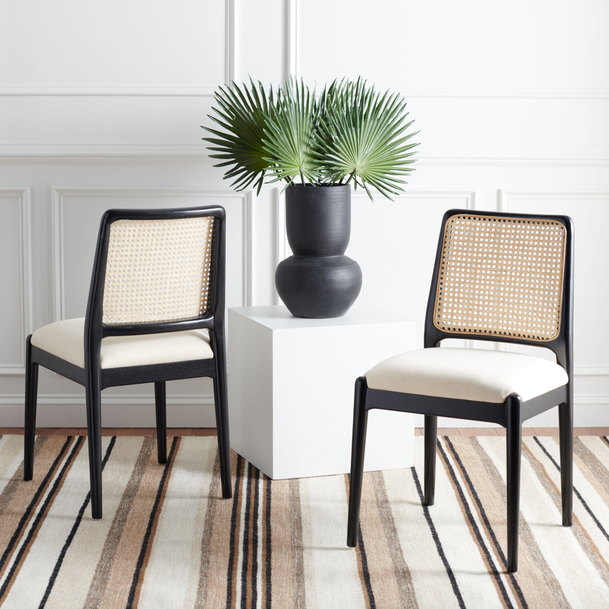 SAFAVIEH Reinhardt Rattan Dining Chair Set of 2 Black / White | Walmart (US)