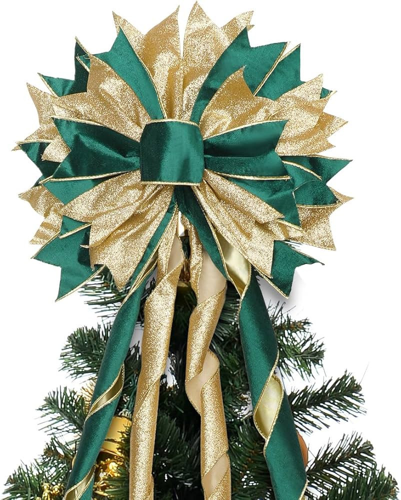 Green Gold Christmas Tree Topper, 40x13 Inches Toppers Bow with Glitter Satin Mesh Streamer and P... | Amazon (US)