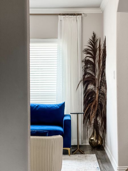 Formal living room, grand living room, blue couch, blue sofa, pampas grass, faux linen curtains, custom drapery, custom curtains, custom drapes, white curtains 

#LTKstyletip #LTKhome #LTKfamily