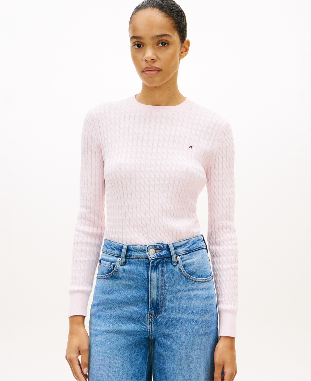 Tommy Hilfiger Women's Fine Gauge Cable Crewneck Top - Light Pink | Macy's