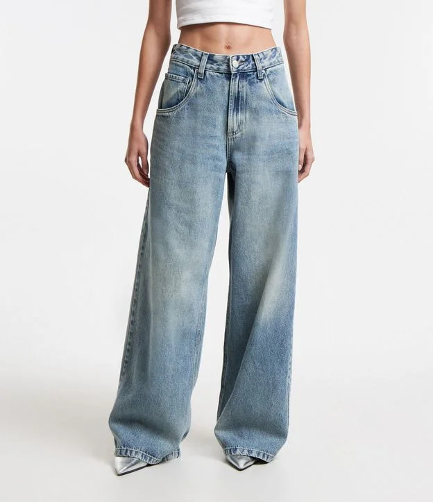 Calça Wide Leg Cintura Alta em Jeans Dirty Washed Azul | Renner (BR)