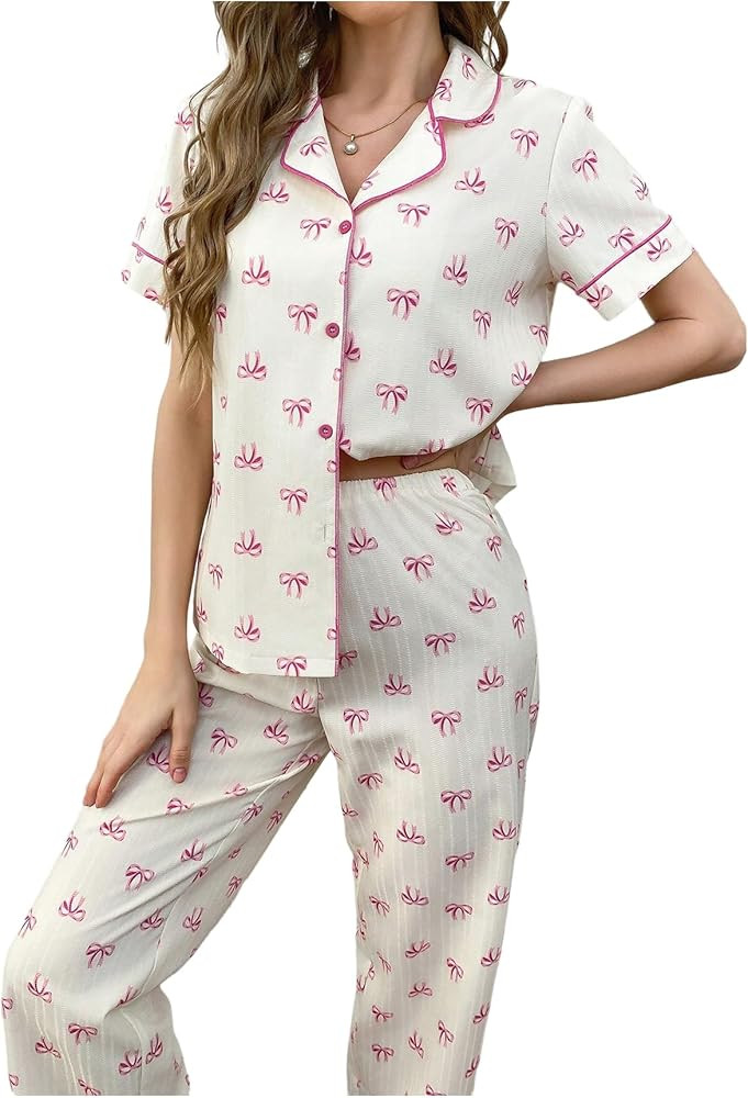 SHENHE Women's Bow Pajamas 2 Piece Short Sleeve Button Down Pjs Long Pants Loungewear Set | Amazon (US)