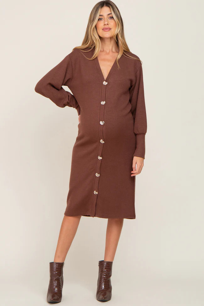 Brown Long Button Down Maternity Cardigan/Dress | PinkBlush Maternity