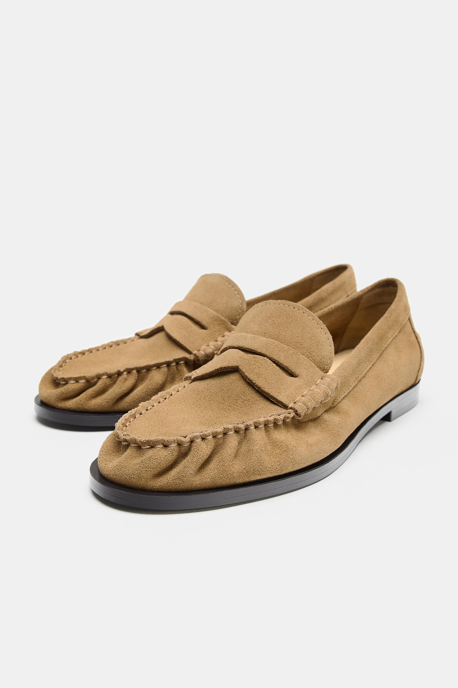 Zara - Suede Gathered Loafers - Sandy Brown - 6½ - Woman | Zara US