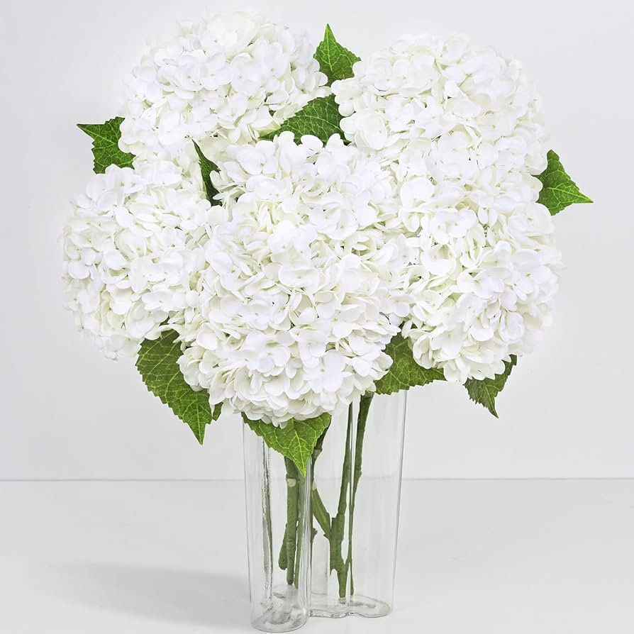 6 Pcs Real Touch Hydrangea Artificial Flowers, 21" White Full Faux Hydrangea Flowers Latex Fake F... | Amazon (US)