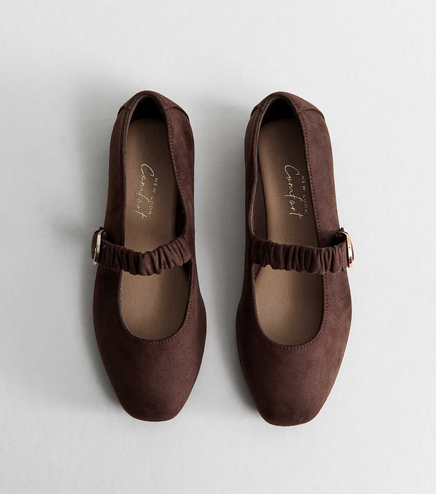 Wide Fit Dark Brown Faux Suede Ruched Strap Mary Jane Shoes | New Look | New Look (UK)
