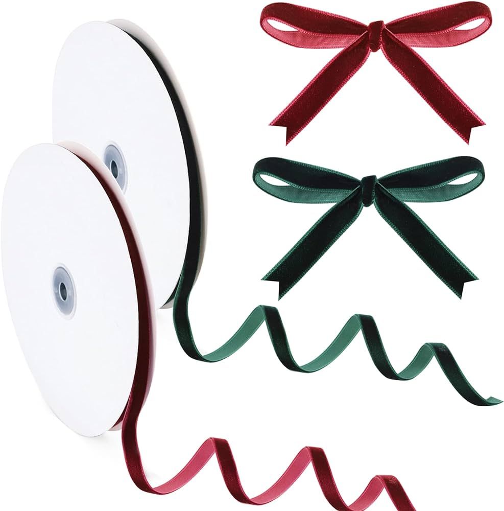 2 Rolls Christmas Velvet Ribbon Green Red Ribbon for Christmas Single Face Ribbon 0.4 Inch Wide S... | Amazon (UK)