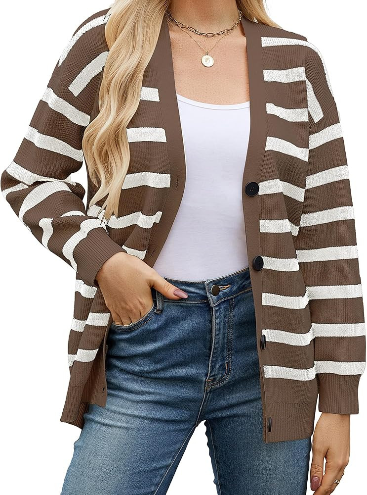 Bsubseach Women's Striped Cardigan Sweaters Open Front Button Down Cardigans Fall Knit Sweater Co... | Amazon (US)