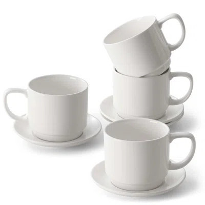 Set of 4 White Ceramic Coffee Mugs with Saucers, 12 Ounce Capacity | Wayfair North America