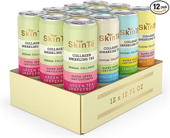 Collagen Sparkling Tea by SKINTE | 4-Flavor Variety Pack | 12 oz (Pack of 12) | High in Antioxida... | Amazon (US)