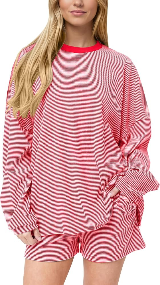 MISSACTIVER Women's Striped Lounge Set Long Sleeve Tee Shirts Drawstring Wide Leg Shorts Matching... | Amazon (US)
