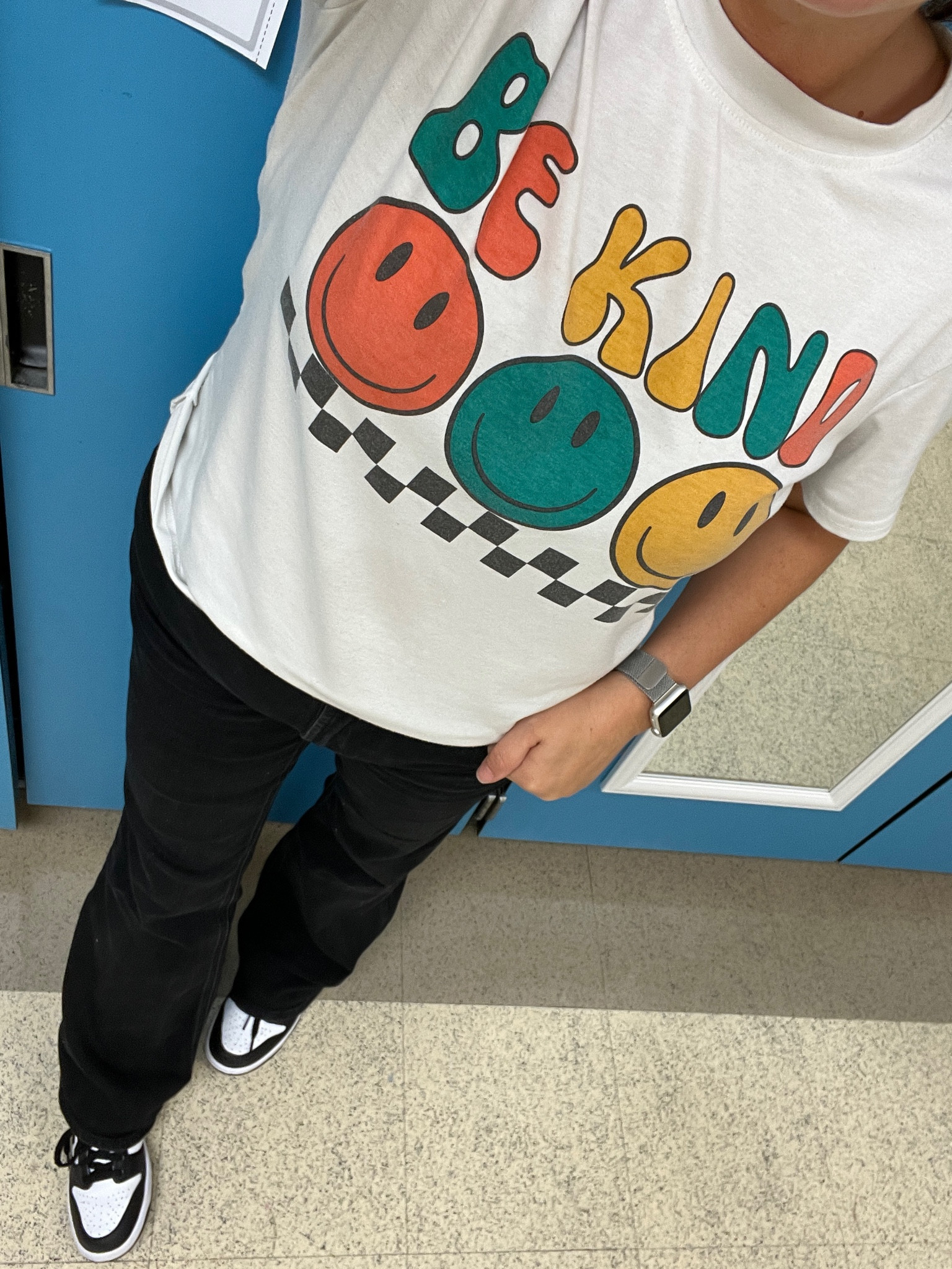 Teacher shirt, the best black flares, and my new Nike Panda Dunks for a day of teaching second grade  