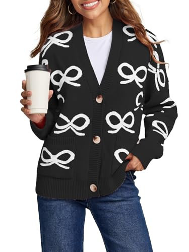 Astylish Womens Open Front Knit Cardigan Sweaters Button Down Bow Printed Outwear Coat with Pockets Black Small | Amazon (US)