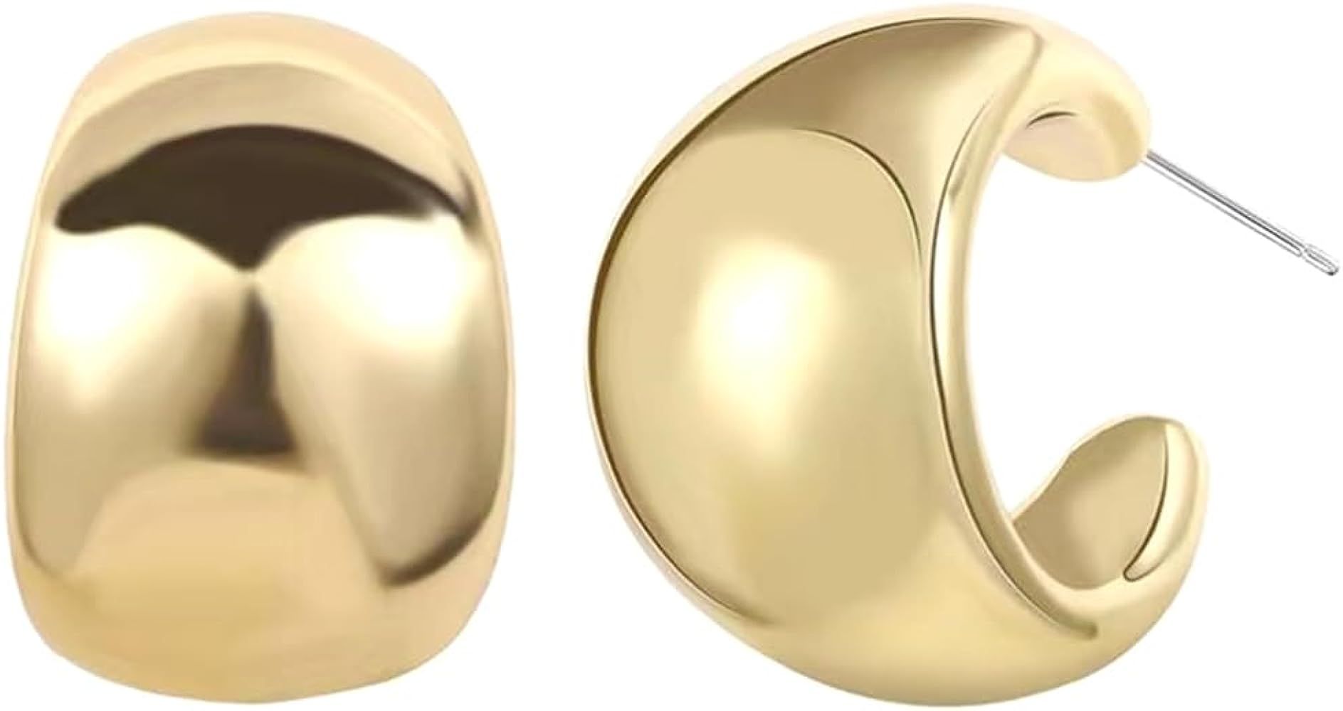 Chunky Gold Hoop Earrings for Women, 14K Gold Plated Hoop Earrings Lightweight Stainless Steel Ho... | Amazon (US)