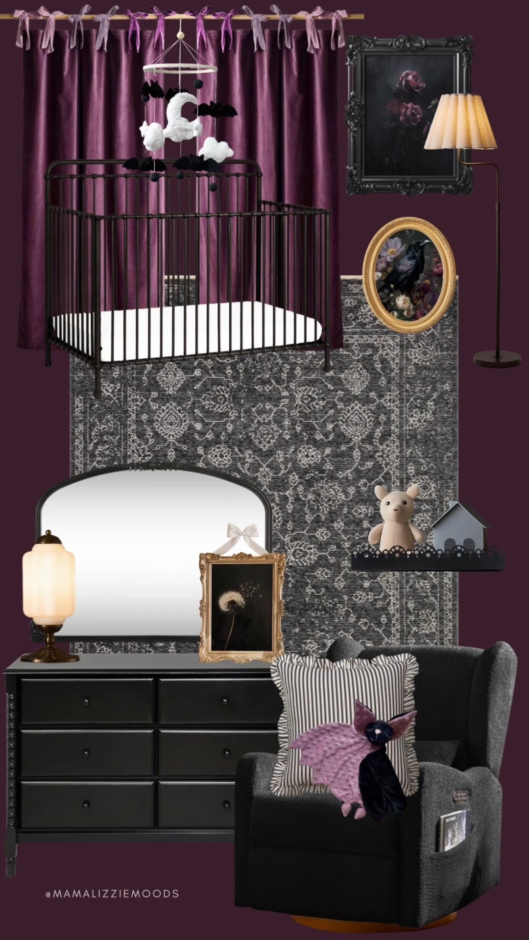 ✨ Nocturne Dream Nursery Mood Board ✨
A gothic, romantic nursery design that combines moody elegance with cozy textures. This nursery blends rich blackberry plum, deep forest green, inky black, antique gold, and bone white — creating a baby room that’s both dramatic and enchanting. Perfect for parents who love unique baby spaces with a touch of gothic charm.

baby room, gothic nursery, baby nursery ideas, gothic baby room, moody nursery, nursery mood board, baby girl’s nursery room, baby boy’s nursery room, gender neutral nursery, nursery inspiration, unique nursery ideas, dark romantic nursery, elegant nursery

#LTKHome #LTKBump #LTKBaby